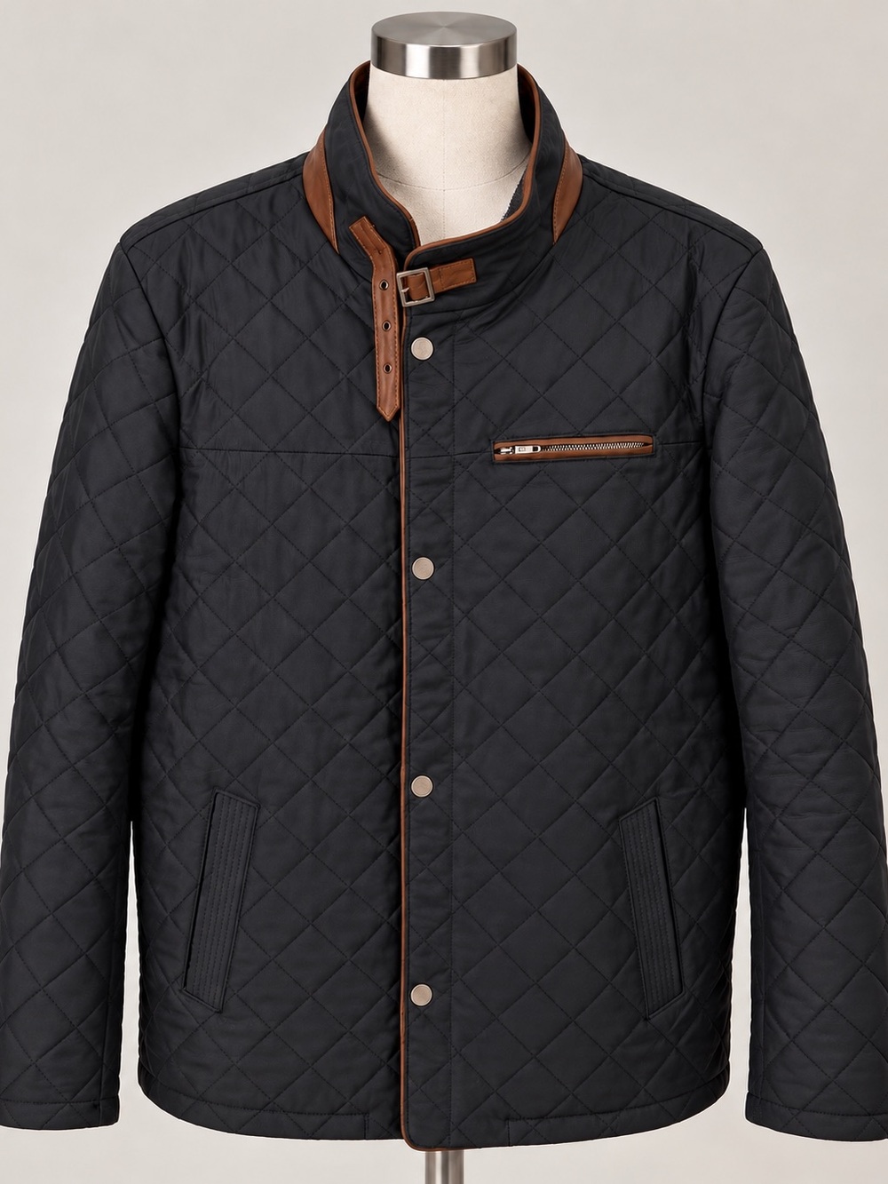 Men's Quilted Lambskin Jacket with Brown Trim